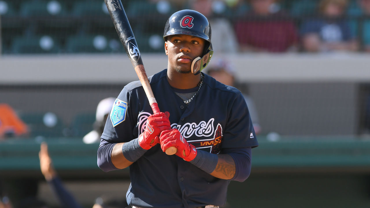 LAKELAND, FL - MARCH 01: Ronald Acuna Jr. #82 of the Atlanta Braves bats during the Spring Training game against the Detroit Tigers at Publix Field at Joker Marchant Stadium on March 1, 2018 in Lakeland, Florida. The Braves defeated the Tigers 5-2.