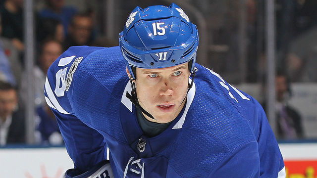 TORONTO, ON - NOVEMBER 6: Matt Martin #15 of the Toronto Maple Leafs waits for a faceoff against the Vegas Golden Knights during an NHL game at the Air Canada Centre on November 6, 2017 in Toronto, Ontario, Canada. The Maple Leafs defeated the Golden Knights 4-3 in an overtime shoot-out.