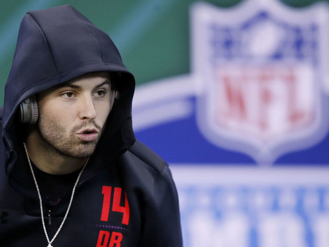 INDIANAPOLIS, IN - MARCH 03: Oklahoma quarterback Baker Mayfield looks on during the NFL Combine at Lucas Oil Stadium on March 3, 2018 in Indianapolis, Indiana.