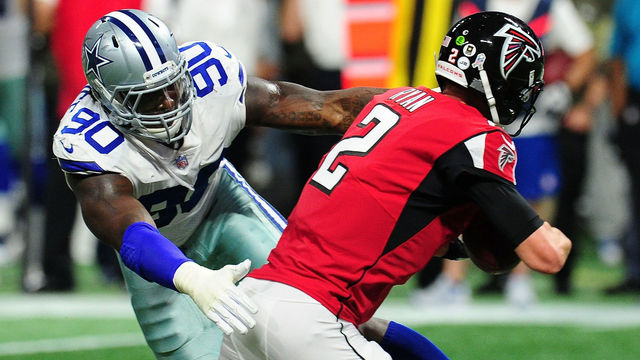 ATLANTA, GA - NOVEMBER 12: DeMarcus Lawrence #90 of the Dallas Cowboys sacks Matt Ryan #2 of the Atlanta Falcons during the first half at Mercedes-Benz Stadium on November 12, 2017 in Atlanta, Georgia.