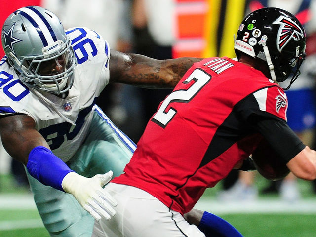 ATLANTA, GA - NOVEMBER 12: DeMarcus Lawrence #90 of the Dallas Cowboys sacks Matt Ryan #2 of the Atlanta Falcons during the first half at Mercedes-Benz Stadium on November 12, 2017 in Atlanta, Georgia.