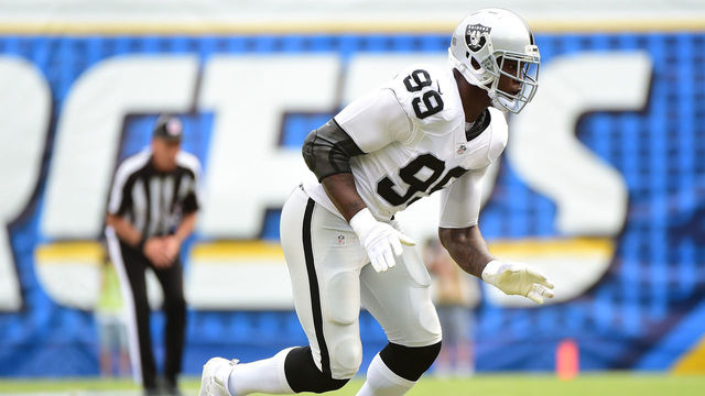 SAN DIEGO, CA - OCTOBER 25: Aldon Smith #99 of the Oakland Raiders comes off the line during the game against the San Diego Chargers at Qualcomm Stadium on October 25, 2015 in San Diego, California.