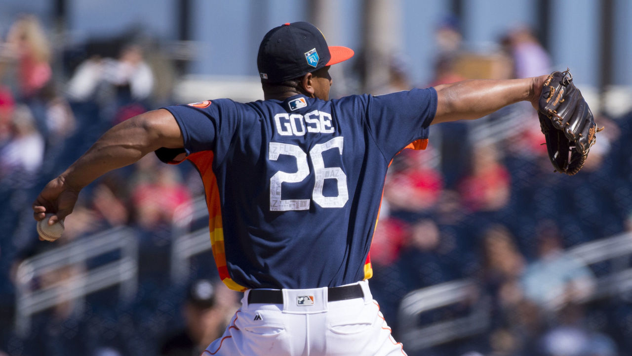 WEST PALM BEACH, FL - MARCH 03: Houston Astros Pitcher Anthony Gose (26) throws the ball from the mound during an MLB spring training game between the Washington Nationals and the Houston Astros at The Ballpark of the Palm Beaches in West Palm Beach, Florida on March 3, 2018.