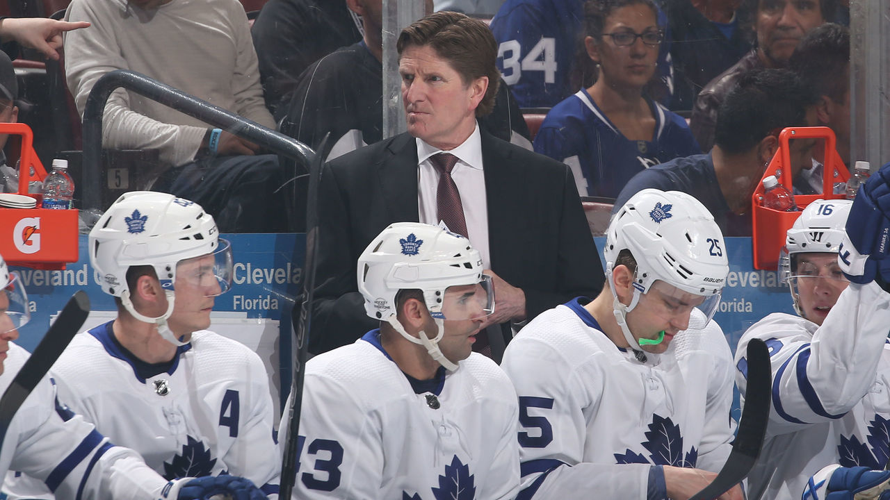 SUNRISE, FL - FEBRUARY 27: Head coach Mike Babcock of the Toronto Maple Leafs looks on during first period action against the Florida Panthers at the BB&T Center on February 27, 2018 in Sunrise, Florida. The Panthers defeated the Maple Leafs 3-2 in overtime.