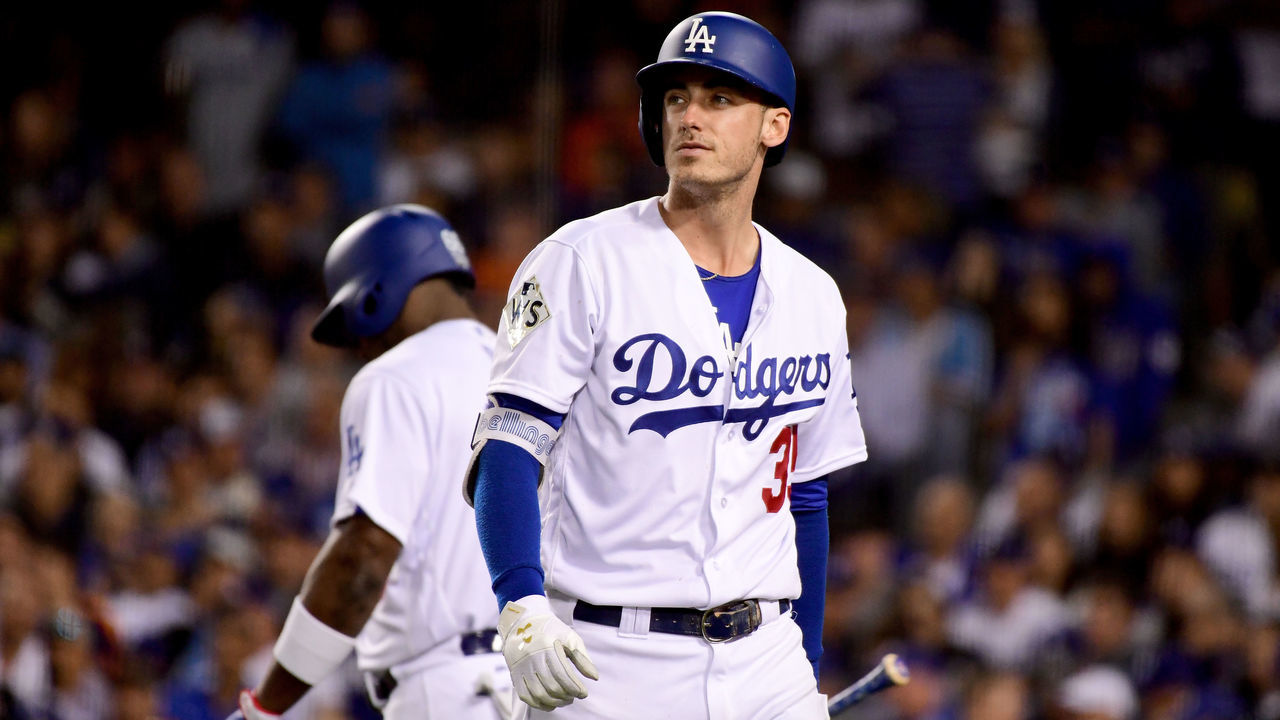 LOS ANGELES, CA - NOVEMBER 01: Cody Bellinger #35 of the Los Angeles Dodgers reacts after striking out during the seventh inning against the Houston Astros in game seven of the 2017 World Series at Dodger Stadium on November 1, 2017 in Los Angeles, California.