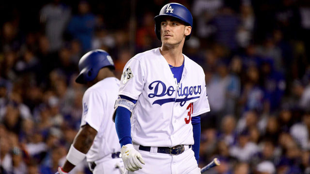 LOS ANGELES, CA - NOVEMBER 01: Cody Bellinger #35 of the Los Angeles Dodgers reacts after striking out during the seventh inning against the Houston Astros in game seven of the 2017 World Series at Dodger Stadium on November 1, 2017 in Los Angeles, California.
