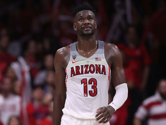TUCSON, AZ - MARCH 03: Deandre Ayton #13 of the Arizona Wildcats walks up court during the second half of the college basketball game against the California Golden Bears at McKale Center on March 3, 2018 in Tucson, Arizona. The Wildcats defeated the Golden Bears 66-54 to win the PAC-12 Championship.