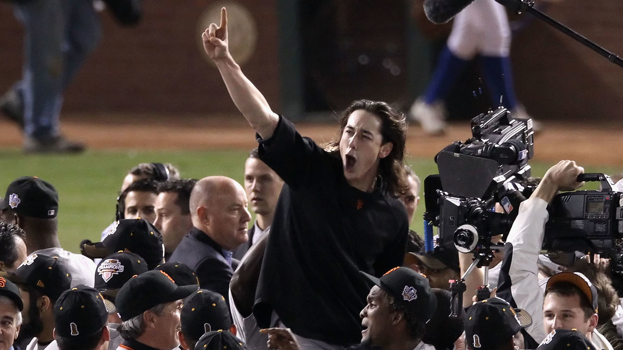 ARLINGTON, TX - NOVEMBER 01: Pitcher Tim Lincecum #55 of the San Francisco Giants and teammates celebrate defeating the Texas Rangers 3-1 to win the 2010 MLB World Series at Rangers Ballpark in Arlington on November 1, 2010 in Arlington, Texas.