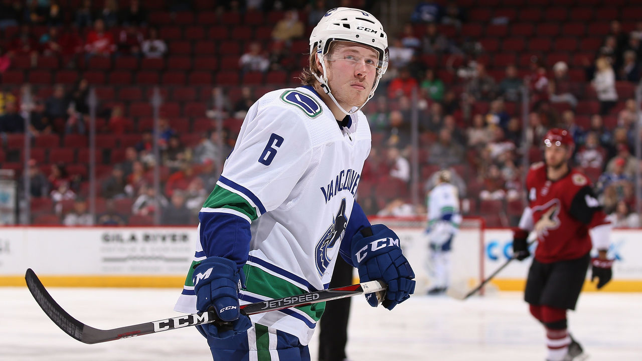 GLENDALE, AZ - FEBRUARY 25: Brock Boeser #6 of the Vancouver Canucks during the second period of the NHL game against the Arizona Coyotes at Gila River Arena on February 25, 2018 in Glendale, Arizona. The Canucks defeated the Coyotes 3-1
