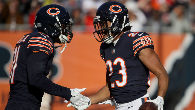 CHICAGO, IL - DECEMBER 03: Kyle Fuller #23 of the Chicago Bears celebrates after intercepting a pass by the San Francisco 49ers in the first quarter at Soldier Field on December 3, 2017 in Chicago, Illinois.