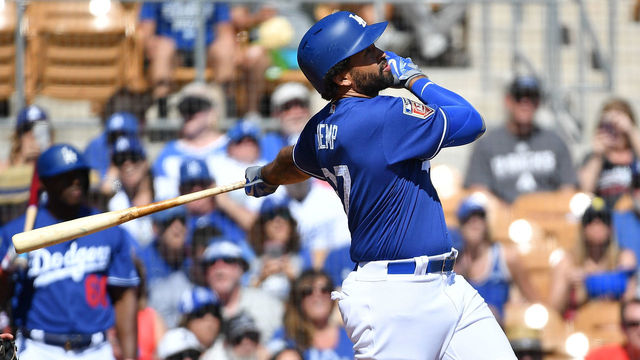 GLENDALE, AZ - MARCH 03: Matt Kemp #27 of the Los Angeles Dodgers hits a two run home run in the first inning of the spring training game against the Arizona Diamondbacks at Camelback Ranch on March 3, 2018 in Glendale, Arizona.