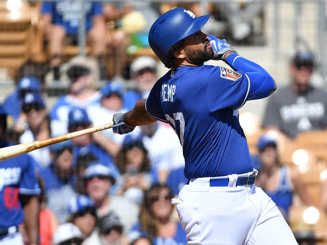 GLENDALE, AZ - MARCH 03: Matt Kemp #27 of the Los Angeles Dodgers hits a two run home run in the first inning of the spring training game against the Arizona Diamondbacks at Camelback Ranch on March 3, 2018 in Glendale, Arizona.