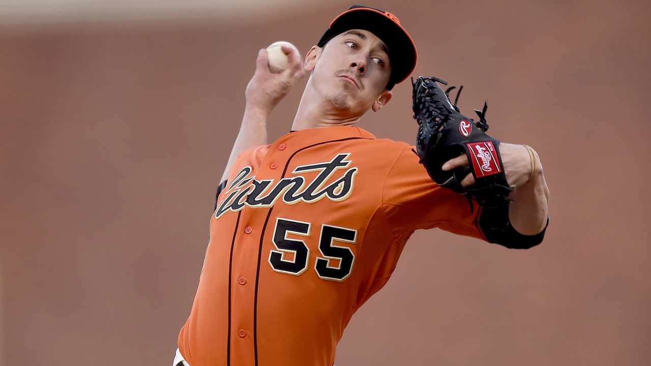 SAN FRANCISCO, CA - MAY 08: Tim Lincecum #55 of the San Francisco Giants pitches against the Miami Marlins in the top of the first inning at AT&T Park on May 8, 2015 in San Francisco, California.