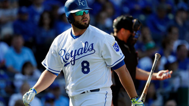 KANSAS CITY, MO - APRIL 10: Mike Moustakas #8 of the Kansas City Royals bats during the Royals 2017 home opener against the Oakland Athletics at Kauffman Stadium on April 10, 2017 in Kansas City, Missouri.