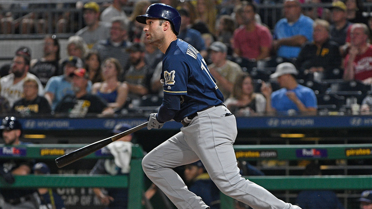 PITTSBURGH, PA - SEPTEMBER 18: Neil Walker #15 of the Milwaukee Brewers hits an RBI single to center field in the sixth inning during the game against the Pittsburgh Pirates at PNC Park on September 18, 2017 in Pittsburgh, Pennsylvania.