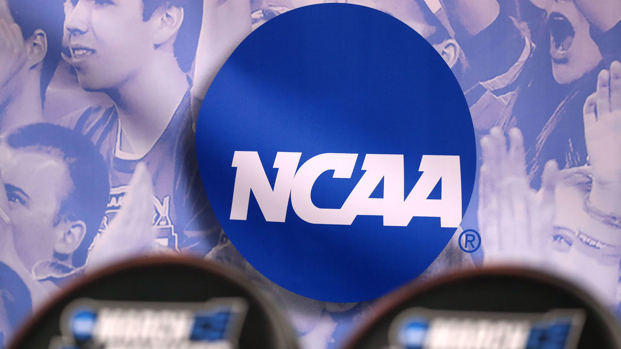 SALT LAKE CITY, UT - MARCH 16: The NCAA logo is seen in the second half of the game between the Northwestern Wildcats and the Vanderbilt Commodores during the first round of the 2017 NCAA Men's Basketball Tournament at Vivint Smart Home Arena on March 16, 2017 in Salt Lake City, Utah.
