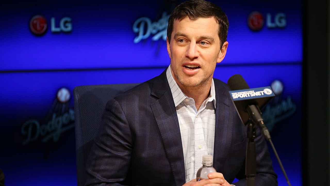 LOS ANGELES, CA - JANUARY 07: Dodgers president of baseball operations Andrew Friedman introduces Pitcher Kenta Maeda to the Los Angeles Dodgers at Dodger Stadium on January 7, 2016 in Los Angeles, California.