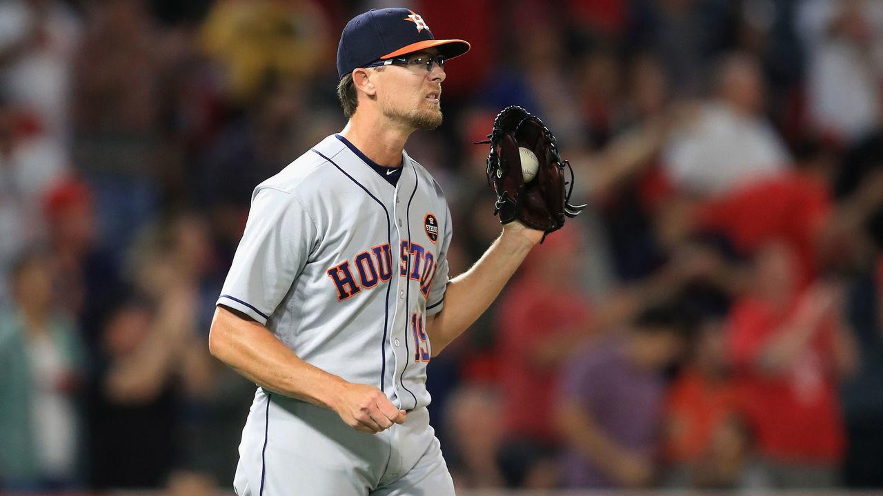 ANAHEIM, CA - SEPTEMBER 13: Tyler Clippard #19 of the Houston Astros looks on after allowing a solo homrun to Justin Upton #9 of the Los Angeles Angels of Anaheim during the sixth inning of a game at Angel Stadium of Anaheim on September 13, 2017 in Anaheim, California.