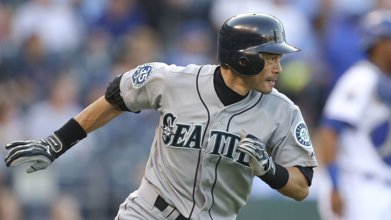 KANSAS CITY, MO - JULY 16: Ichiro Suzuki #51 of the Seattle Mariners runs to first after hitting a single against the Kansas City Royals in the first inning at Kauffman Stadium on July 16, 2012 in Kansas City, Missouri.
