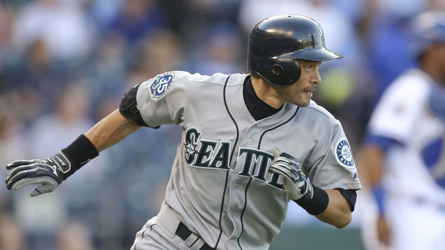 KANSAS CITY, MO - JULY 16: Ichiro Suzuki #51 of the Seattle Mariners runs to first after hitting a single against the Kansas City Royals in the first inning at Kauffman Stadium on July 16, 2012 in Kansas City, Missouri.