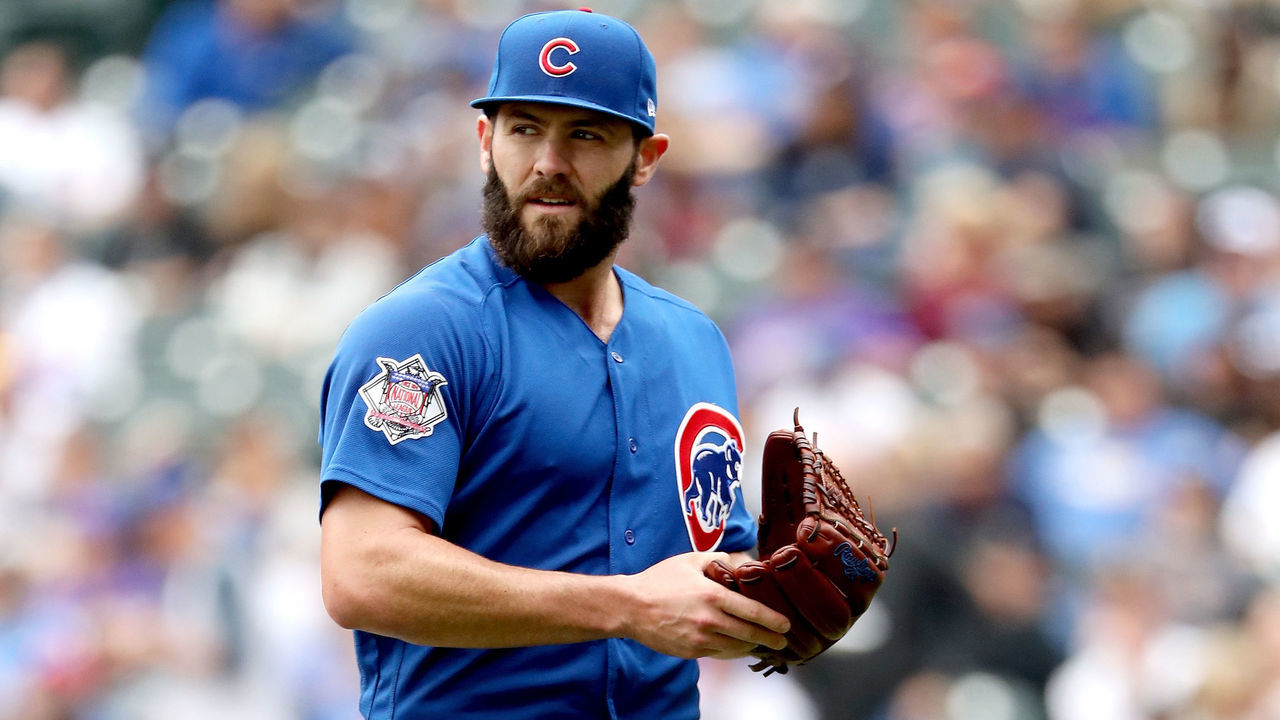 DENVER, CO - MAY 09: Starting pitcher Jake Arrieta #49 of the Chicago Cubs leaves the game in the fourth inning against the Colorado Rockies at Coors Field on May 9, 2017 in Denver, Colorado.
