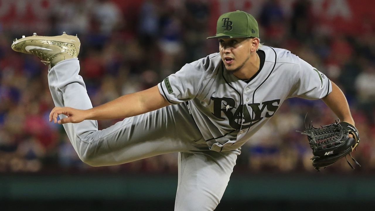 ARLINGTON, TX - MAY 29: Jose De Leon of the Tampa Bay Rays pitches against the Texas Rangers during the sixth inning at Globe Life Park in Arlington on May 29, 2017 in Arlington, Texas. The Rays won 10-8.