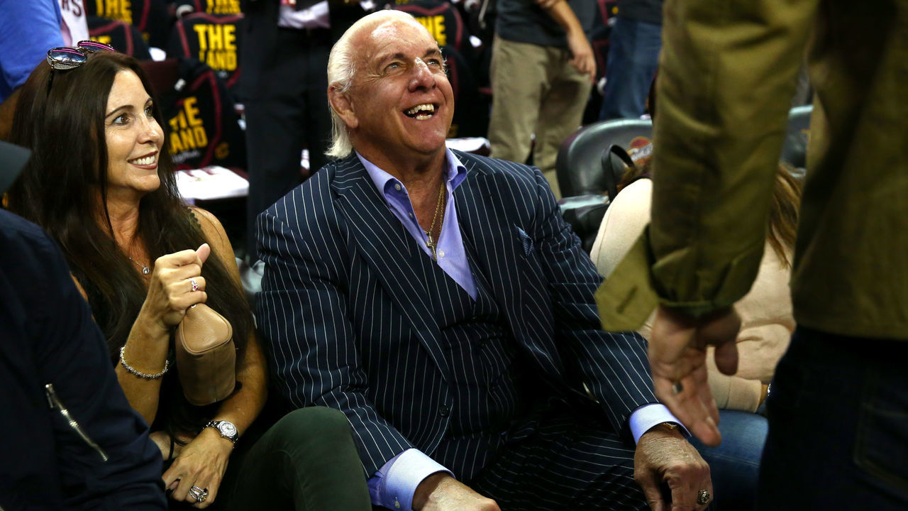CLEVELAND, OH - JUNE 07: Former wrestler Ric Flair attends Game 3 of the 2017 NBA Finals between the Golden State Warriors and the Cleveland Cavaliers at Quicken Loans Arena on June 7, 2017 in Cleveland, Ohio.