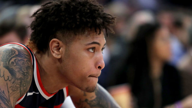 NEW YORK, NY - FEBRUARY 14: Kelly Oubre Jr. #12 of the Washington Wizards reacts in the first half against the New York Knicks during their game at Madison Square Garden on February 14, 2018 in New York City.