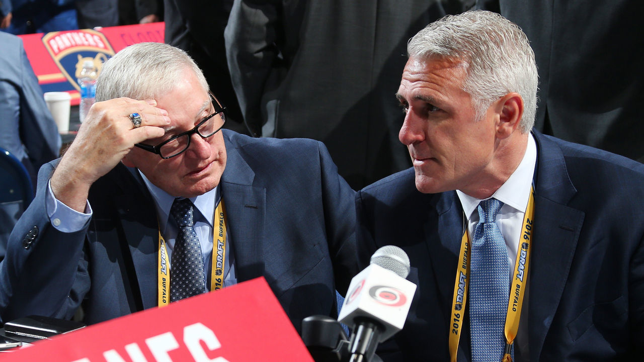 BUFFALO, NY - JUNE 24: Director of Amateur Scouting Tony MacDonald (L) and general manager of the Carolina Hurricanes Ron Francis look on prior to round one of the 2016 NHL Draft on June 24, 2016 in Buffalo, New York.