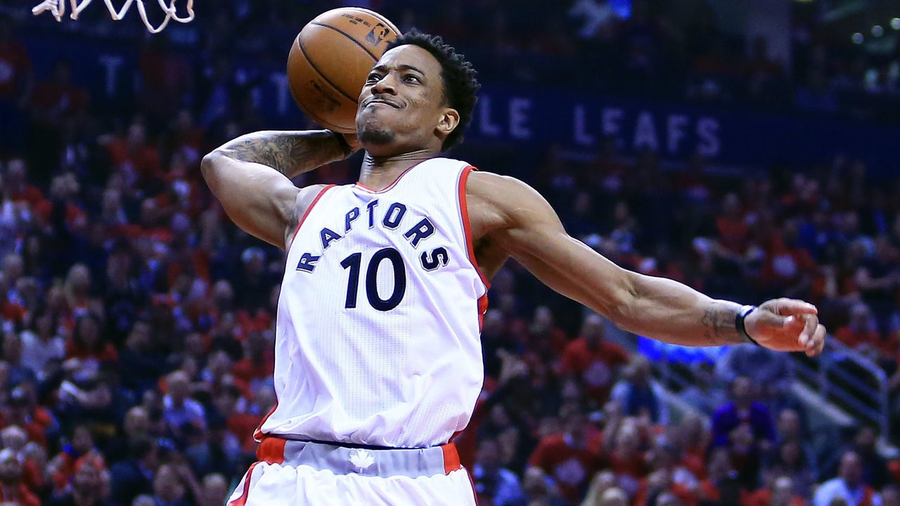 TORONTO, ON - APRIL 24: DeMar DeRozan #10 of the Toronto Raptors dunks the ball in the first half of Game Five of the Eastern Conference Quarterfinals against the Milwaukee Bucks during the 2017 NBA Playoffs at Air Canada Centre on April 24, 2017 in Toronto, Canada.