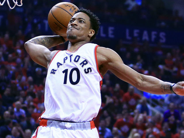 TORONTO, ON - APRIL 24: DeMar DeRozan #10 of the Toronto Raptors dunks the ball in the first half of Game Five of the Eastern Conference Quarterfinals against the Milwaukee Bucks during the 2017 NBA Playoffs at Air Canada Centre on April 24, 2017 in Toronto, Canada.