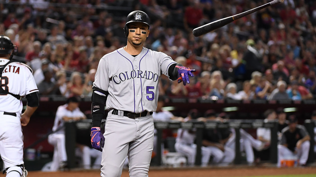PHOENIX, AZ - SEPTEMBER 11: Carlos Gonzalez #5 of the Colorado Rockies throws his bat after striking out against Zack Greinke #21 of the Arizona Diamondbacks during the third inning at Chase Field on September 11, 2017 in Phoenix, Arizona.