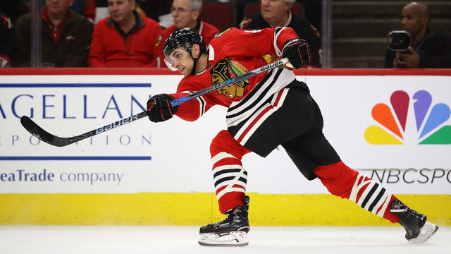 CHICAGO, IL - JANUARY 12: Jan Rutta #44 of the Chicago Blackhawks fires a shot against the Winnipeg Jets at the United Center on January 12, 2018 in Chicago, Illinois. The Blackhawks defeated the Jets 2-1.