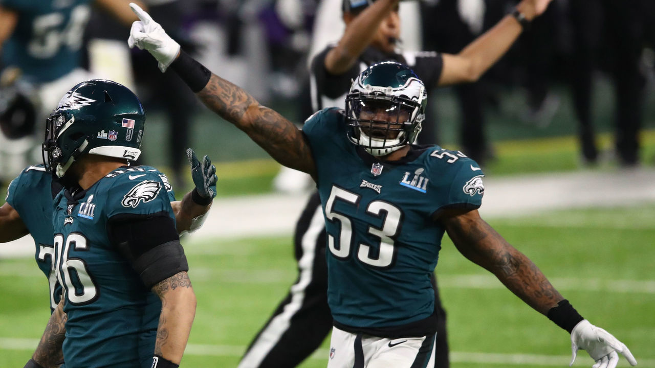 MINNEAPOLIS, MN - FEBRUARY 04: Derek Barnett #96 of the Philadelphia Eagles celebrates recovering a fumble with Patrick Robinson #21 and Nigel Bradham #53 during the fourth quarter against the New England Patriots in Super Bowl LII at U.S. Bank Stadium on February 4, 2018 in Minneapolis, Minnesota.