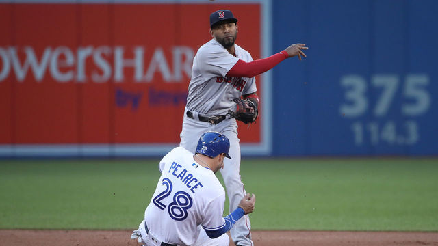TORONTO, ON - AUGUST 28: Eduardo Nunez #36 of the Boston Red Sox turns a double play at second base in the first inning over Steve Pearce #28 of the Toronto Blue Jays at Rogers Centre on August 28, 2017 in Toronto, Canada.