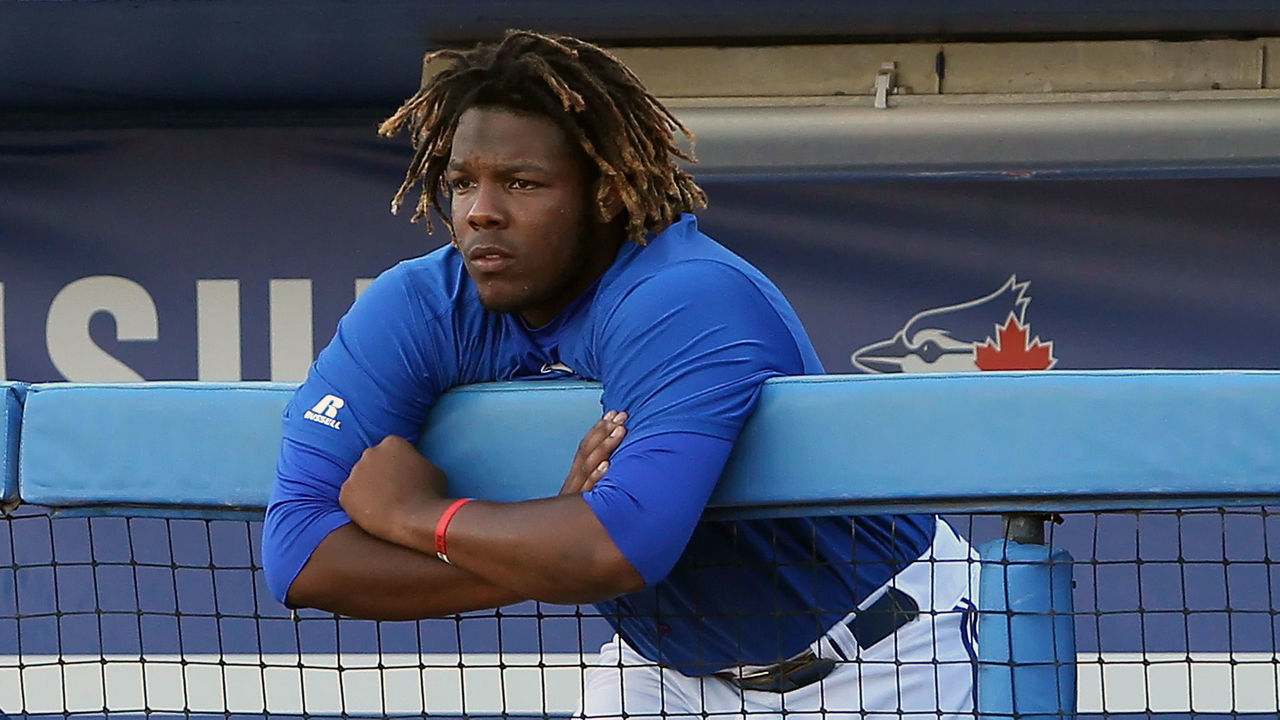 TAMPA, FL - AUG 14: Vladimir Guerrero Jr. (27) of the Blue Jays watches the action from the top step of the dugout during the Florida State League game between the Palm Beach Cardinals and the Dunedin Blue Jays on August 14, 2017, at Florida Auto Exchange Stadium in Dunedin, FL.