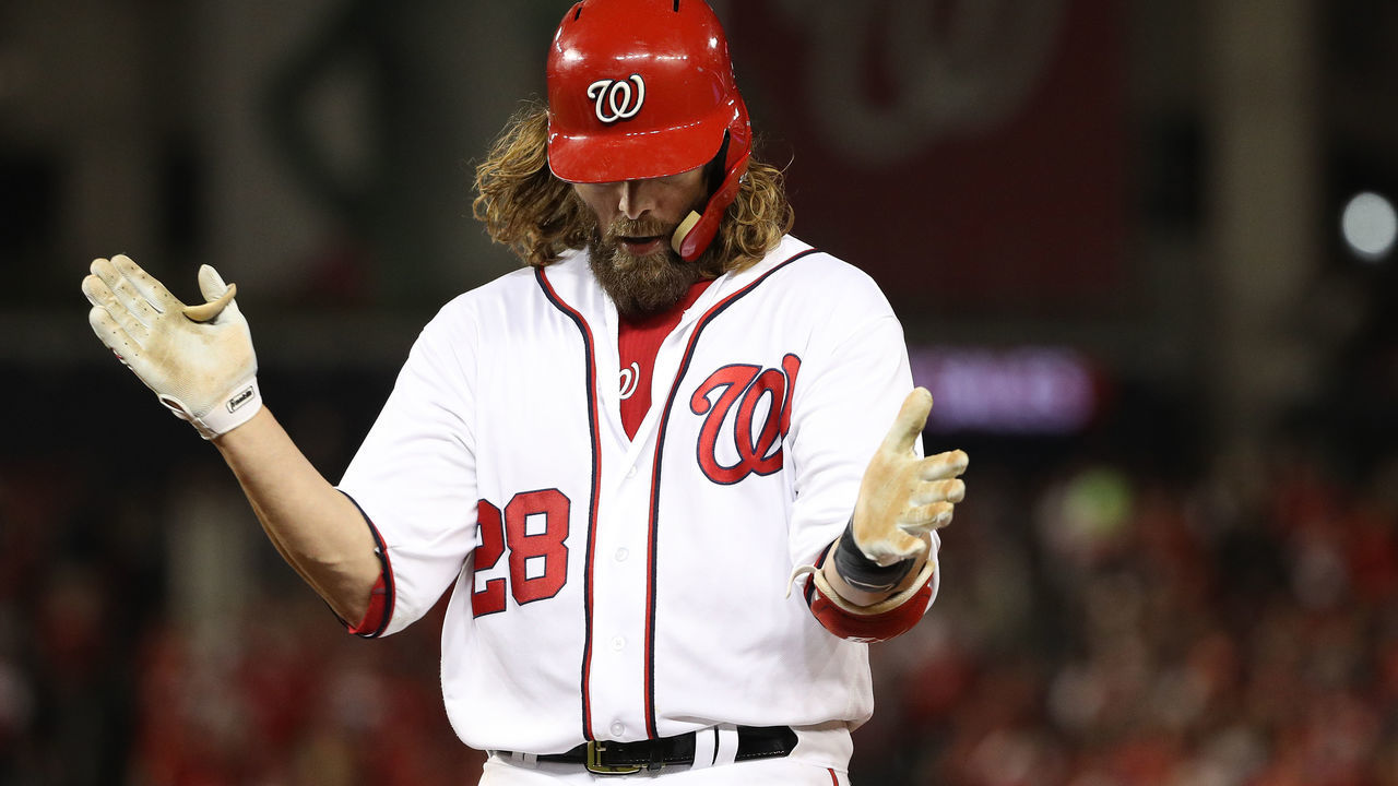 WASHINGTON, DC - OCTOBER 12: Jayson Werth #28 of the Washington Nationals celebrates after hitting a single against the Chicago Cubs during the fourth inning in game five of the National League Division Series at Nationals Park on October 12, 2017 in Washington, DC.