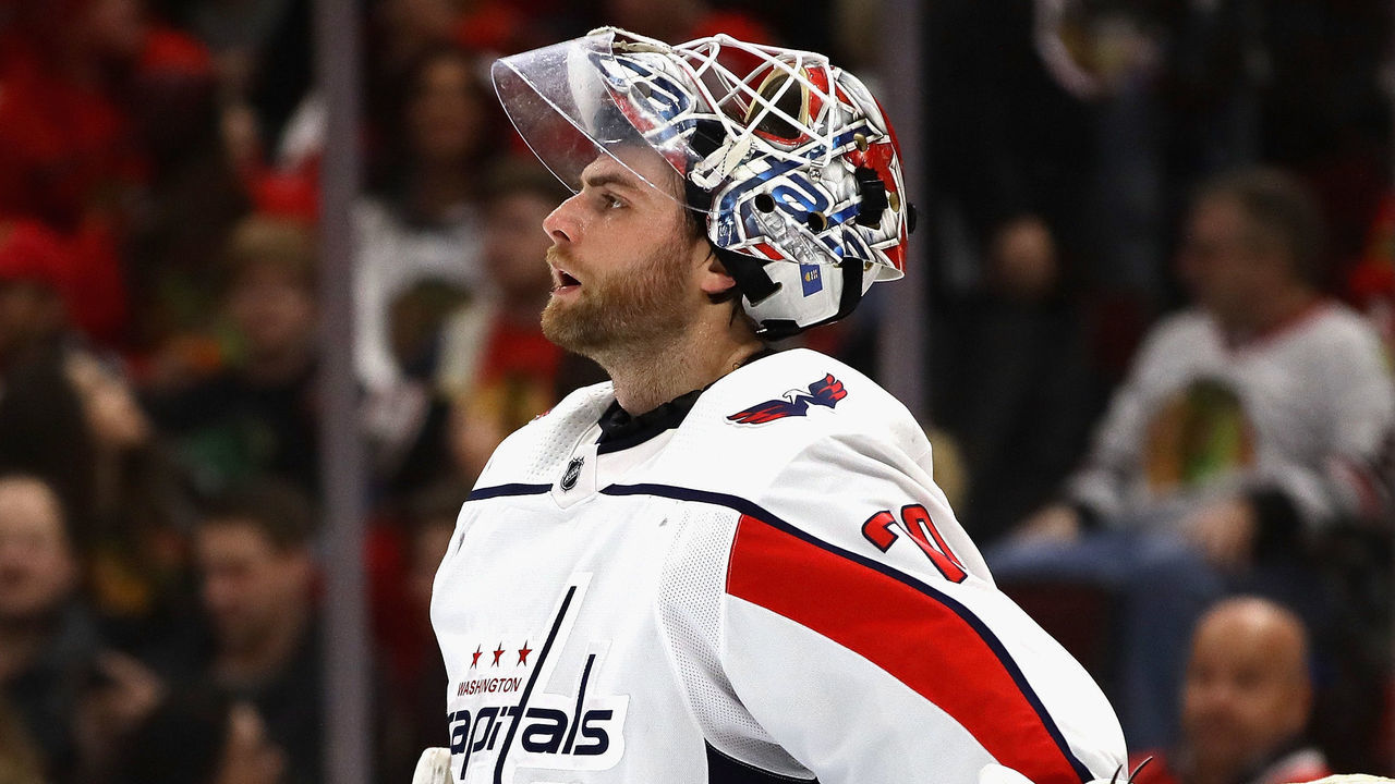 CHICAGO, IL - FEBRUARY 17: Braden Holtby #70 of the Washington Capitals rests during a break between the Capitals and the Chicago Blackhawks at the United Center on February 17, 2018 in Chicago, Illinois.