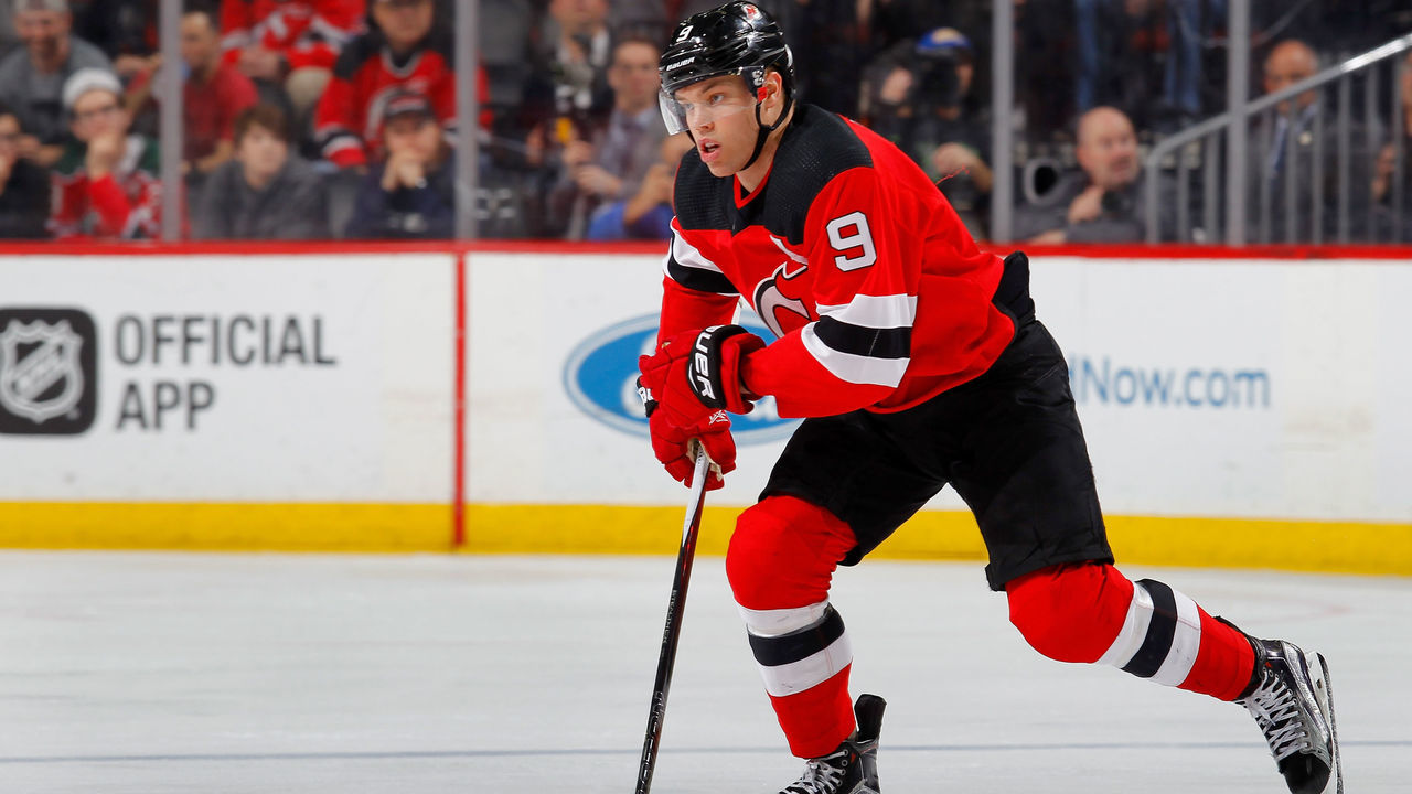 NEWARK, NJ - FEBRUARY 20: Taylor Hall #9 of the New Jersey Devils in action against the Columbus Blue Jackets on February 20, 2018 at Prudential Center in Newark, New Jersey.