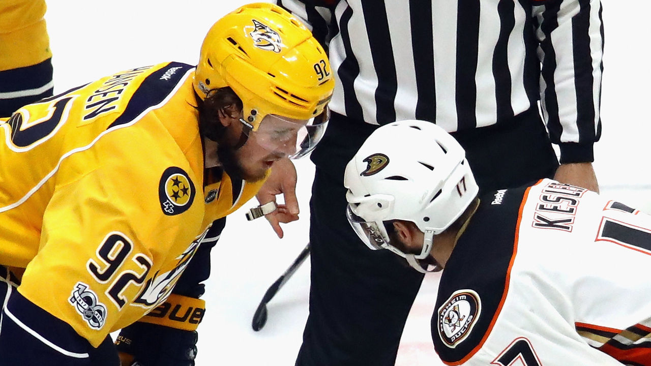 NASHVILLE, TN - MAY 16: Ryan Johansen #92 of the Nashville Predators speaks with Ryan Kesler #17 of the Anaheim Ducks in Game Three of the Western Conference Final during the 2017 NHL Stanley Cup Playoffs at the Bridgestone Arena on May 16, 2017 in Nashville, Tennessee. The Predators defeated the Ducks 2-1.