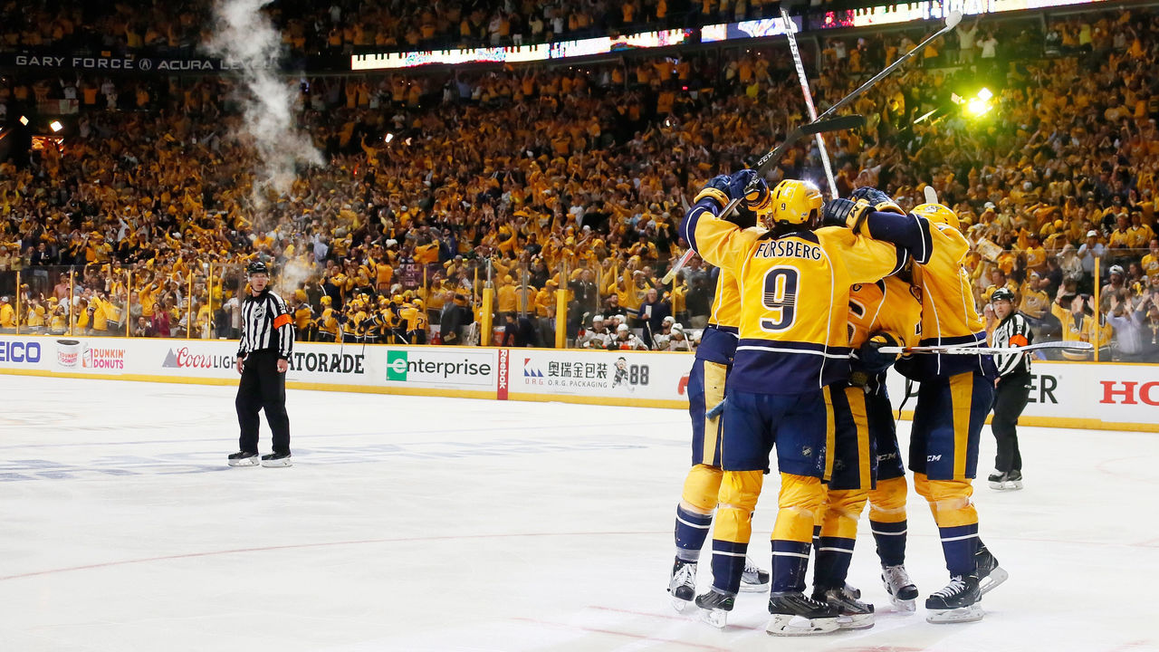 NASHVILLE, TN - MAY 22: Colton Sissons #10 of the Nashville Predators celebrates with teammates after scoring during the third period against the Anaheim Ducks in Game Six of the Western Conference Final during the 2017 Stanley Cup Playoffs at Bridgestone Arena on May 22, 2017 in Nashville, Tennessee.