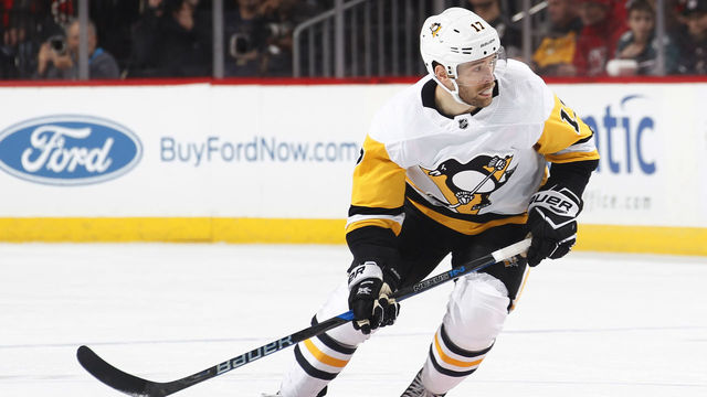 NEWARK, NJ - FEBRUARY 3: Bryan Rust #17 of the Pittsburgh Penguins skates during an NHL hockey game against the New Jersey Devils at Prudential Center on February 3, 2018 in Newark, New Jersey.