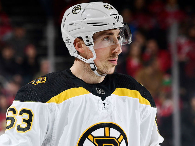 NEWARK, NJ - FEBRUARY 11: Brad Marchand #63 of the Boston Bruins looks on against the New Jersey Devils at Prudential Center on February 11, 2018 in Newark, New Jersey. The Boston Bruins defeated the New Jersey Devils 5-3.