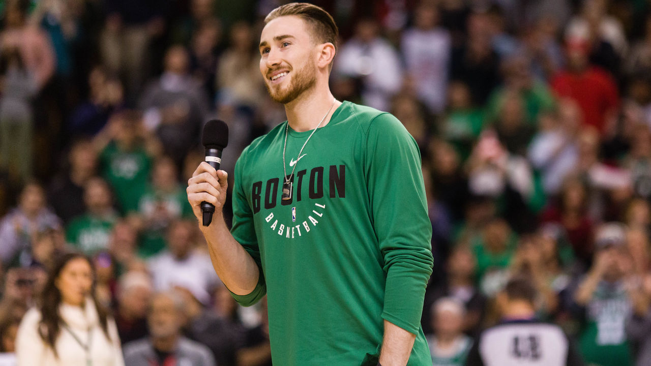 BOSTON, MA - DECEMBER 25: Gordon Hayward #20 of the Boston Celtics addresses the crowd before the game between Boston Celtics and the Washington Wizards at TD Garden on December 25, 2017 in Boston, Massachusetts.