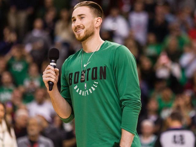 BOSTON, MA - DECEMBER 25: Gordon Hayward #20 of the Boston Celtics addresses the crowd before the game between Boston Celtics and the Washington Wizards at TD Garden on December 25, 2017 in Boston, Massachusetts.