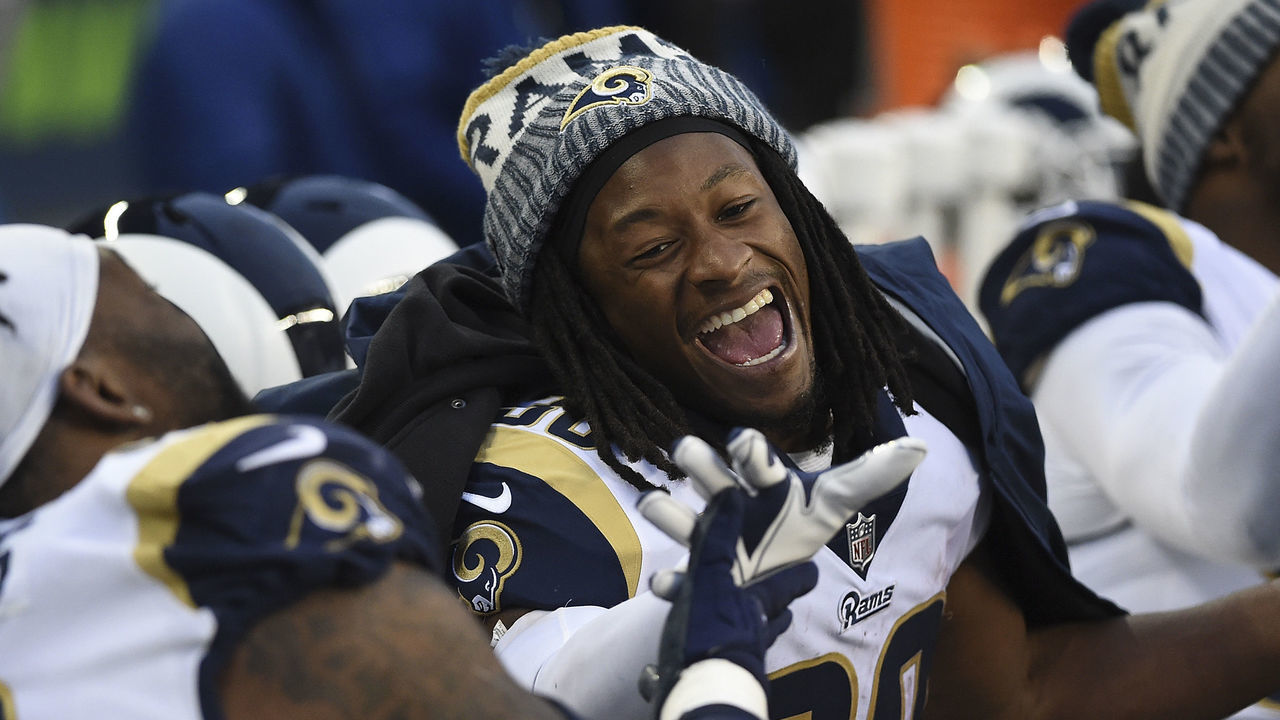 SEATTLE, WA - DECEMBER 17: Running back Todd Gurley #30 of the Los Angeles Rams laughs on the sidelines during the fourth quarter of the game against the Seattle Seahawks at CenturyLink Field on December 17, 2017 in Seattle, Washington. The Seahawks won the game 42-7.