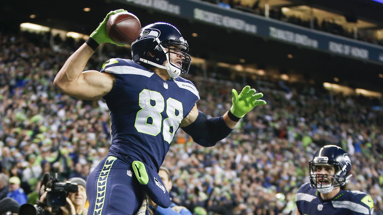 SEATTLE, WA - NOVEMBER 20: Tight end Jimmy Graham #88 of the Seattle Seahawks celebrates his 4 yard touchdown against the Atlanta Falcons during the first quarter of the game at CenturyLink Field on November 20, 2017 in Seattle, Washington.