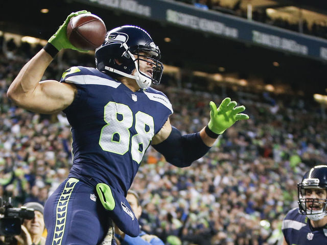 SEATTLE, WA - NOVEMBER 20: Tight end Jimmy Graham #88 of the Seattle Seahawks celebrates his 4 yard touchdown against the Atlanta Falcons during the first quarter of the game at CenturyLink Field on November 20, 2017 in Seattle, Washington.