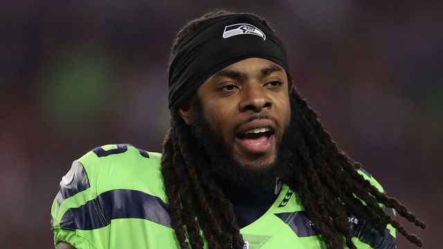 GLENDALE, AZ - NOVEMBER 09: Cornerback Richard Sherman #25 of the Seattle Seahawks walks on the field during a break from the second half of the NFL game against the Arizona Cardinals at the University of Phoenix Stadium on November 9, 2017 in Glendale, Arizona. The Seahawks defeated the Cardinals 22-16.