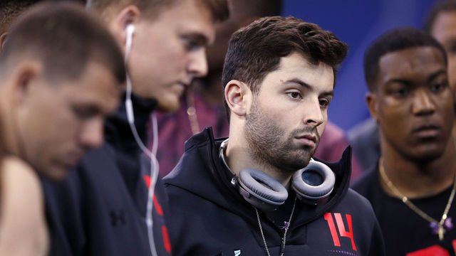 INDIANAPOLIS, IN - MARCH 03: Oklahoma quarterback Baker Mayfield looks on during the NFL Combine at Lucas Oil Stadium on March 3, 2018 in Indianapolis, Indiana.